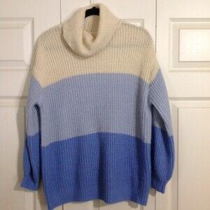 POPSUGAR Size Medium Turtleneck Sweater Cream Blue Color Block Pullover Cozy